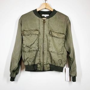 Young Fabulous & Broke Cropped Bomber Jacket Tencel Olive Green Size Small